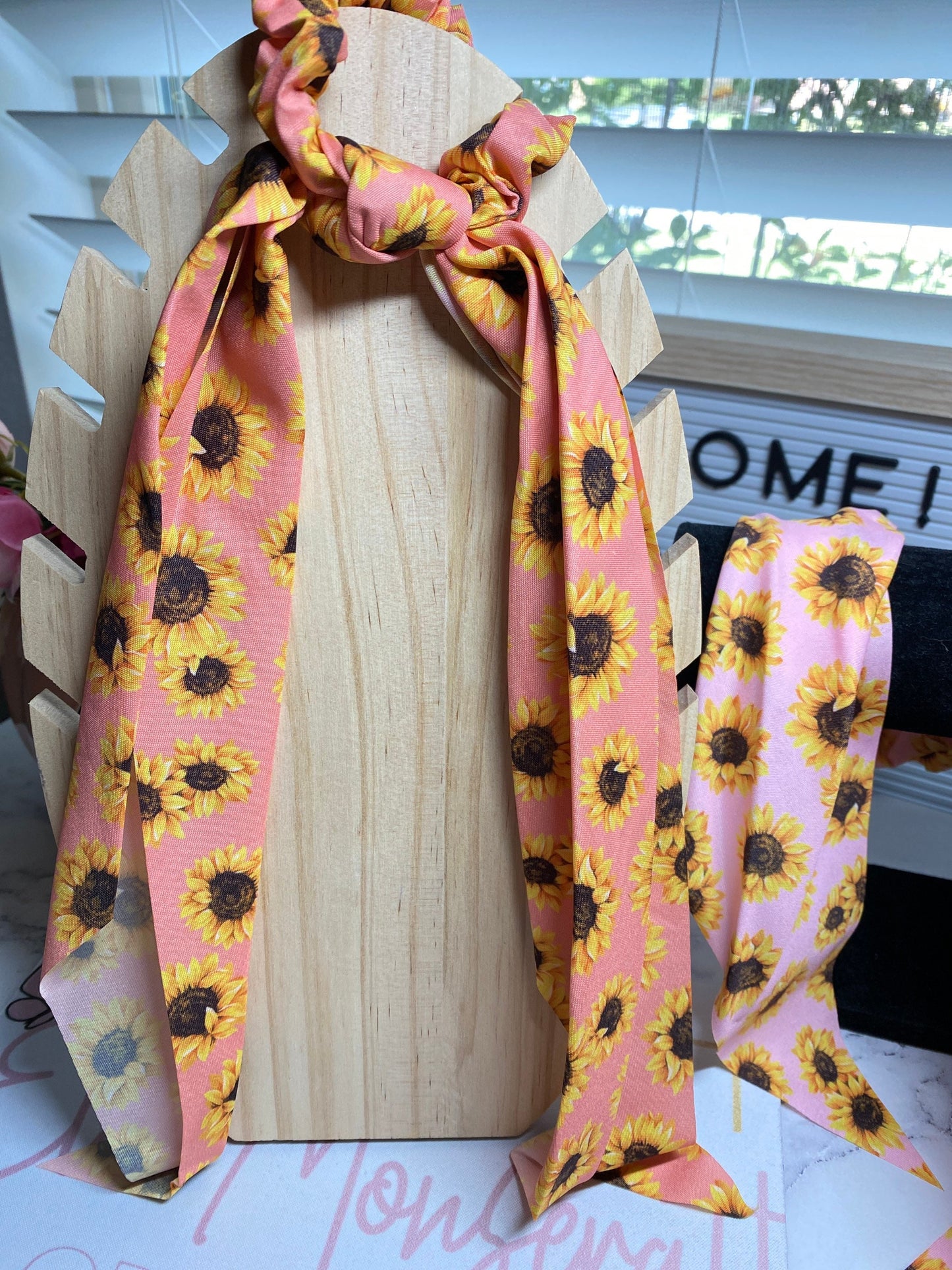 Hair Scarf Ponytails, sunflower ponytails, gold dot ponytails, Ponytails, sunflowers, high Ponytails pretty ponytails,  Scrunchy Ponytail