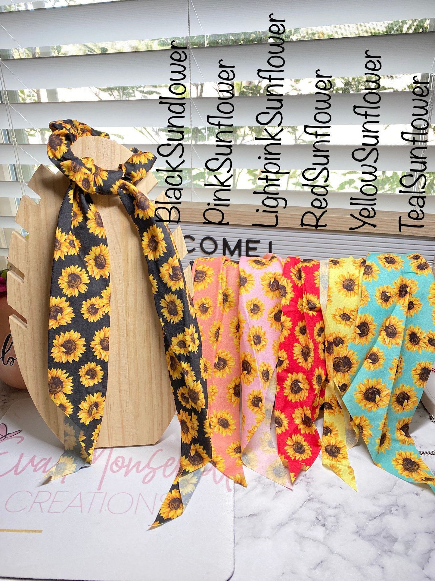 Hair Scarf Ponytails, sunflower ponytails, gold dot ponytails, Ponytails, sunflowers, high Ponytails pretty ponytails,  Scrunchy Ponytail