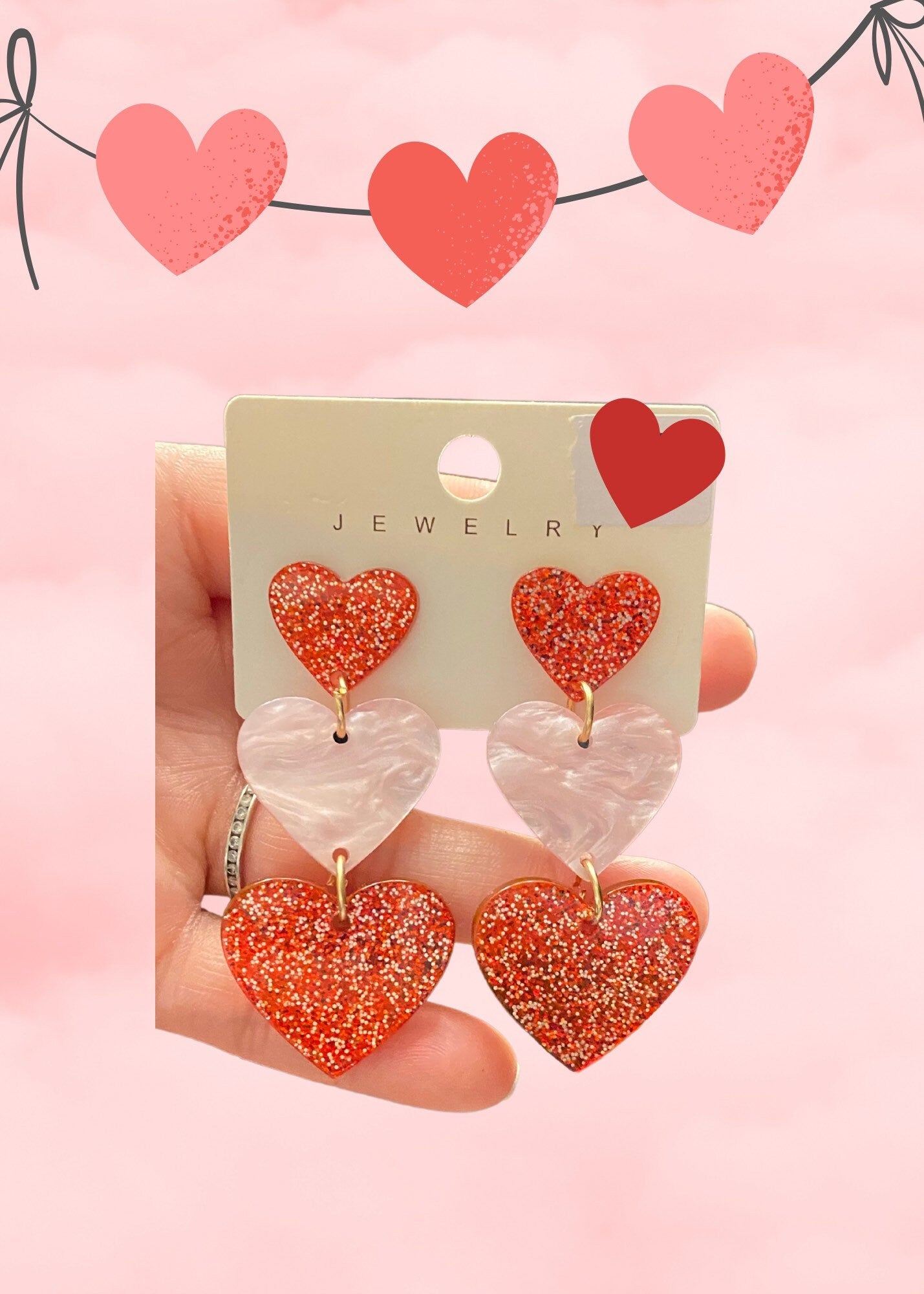 Heart earrings, Valentines Day earrings, Glitter Earrings, Dangling earrings