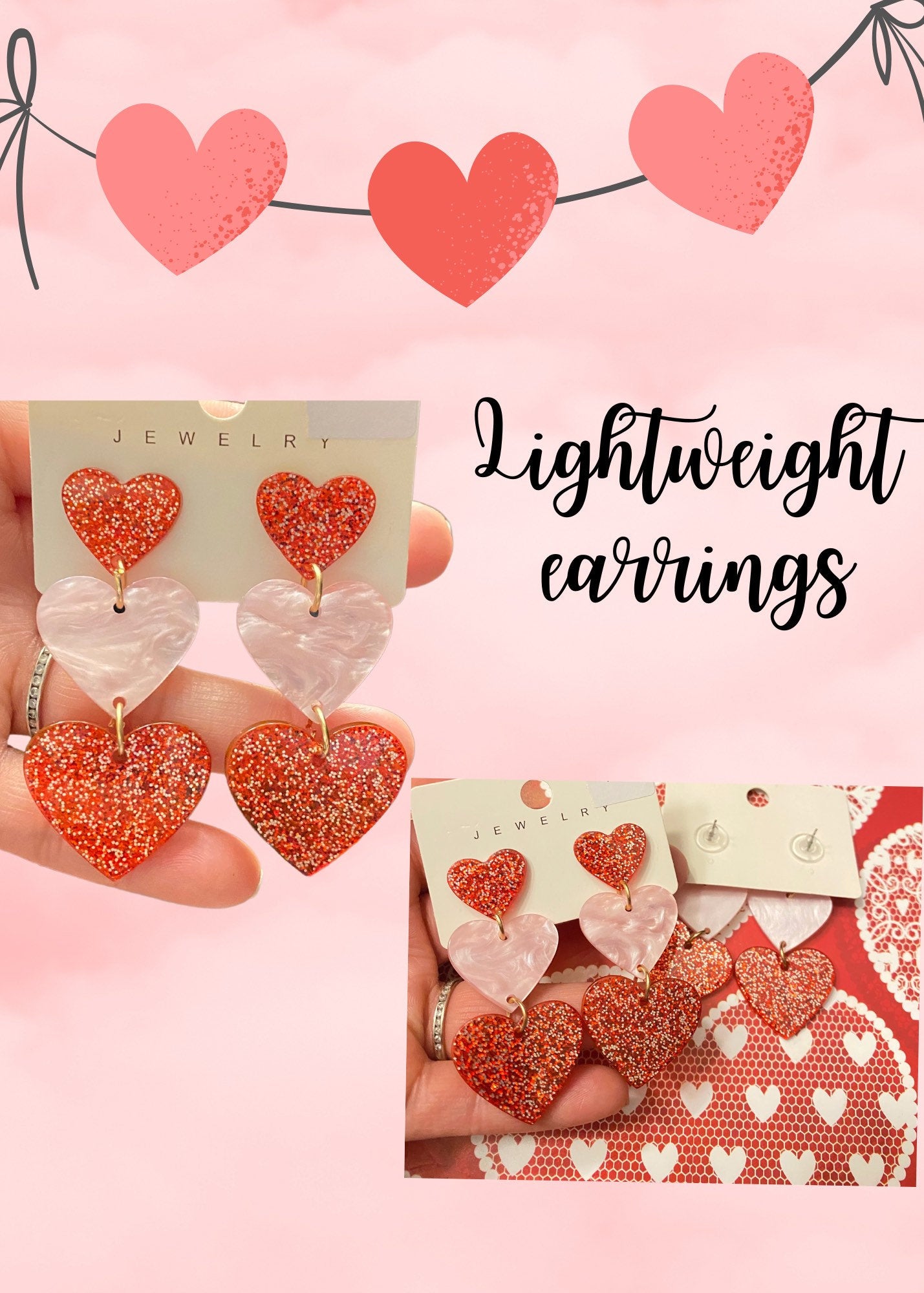 Heart earrings, Valentines Day earrings, Glitter Earrings, Dangling earrings