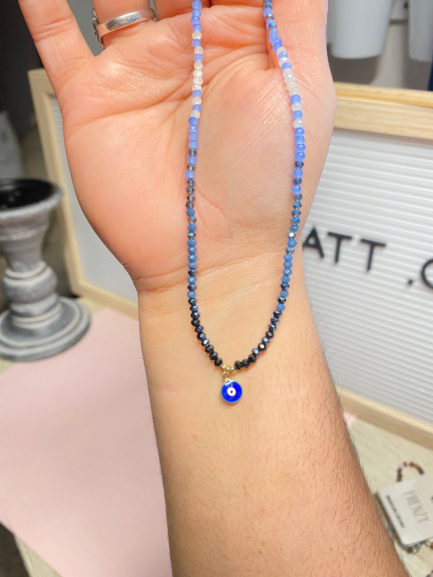 Evil Eye Beaded Necklace - Blue / Dainty Beaded Necklace with Evil Eye Protection